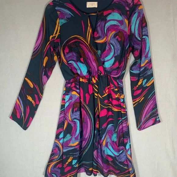 Everly Pink and Purple V-Neck Long Sleeve Dress Ladies Size Small Cocktail - Picture 1 of 5